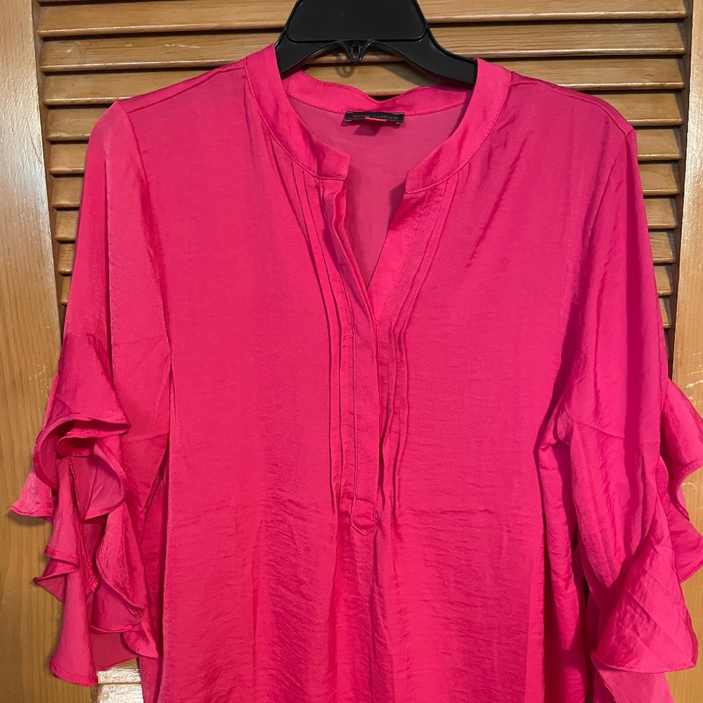 Vince Camuto Double Ruffle Sleeve Satin Blouse Hot Pink Medium